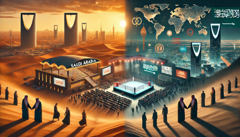 Feature image illustrating the pros and cons of boxing in Saudi Arabia. The left side showcases the grandeur of Saudi Arabian boxing events with a luxurious arena set against a glowing desert backdrop and Riyadh's skyline. The right side highlights challenges, including muted fan atmospheres, ethical debates represented by shadowy figures, and a world map symbolising the disconnect with traditional boxing markets like the UK and US