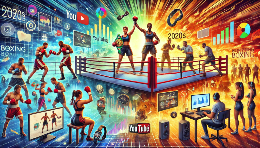 An action-packed illustration showcasing the evolution of boxing in the 2020s. The image highlights significant changes in the sport, including heavyweight fighters in a dramatic ring, women’s boxing champions raising belts, a YouTuber in boxing gloves representing crossover bouts, and technological advancements like wearable tech and virtual reality training. A vibrant composition symbolising the transformative decade in boxing.