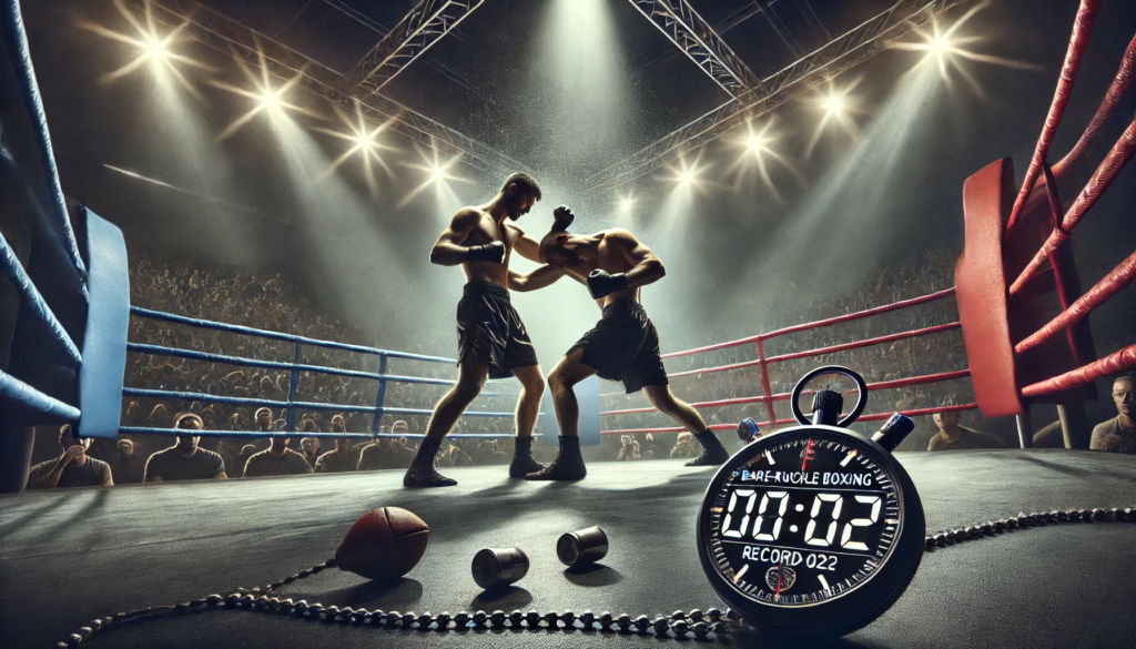 Feature image depicting a bare-knuckle boxing match, with one fighter landing a decisive knockout punch in a gritty boxing ring setting. A digital stopwatch in the corner displays '00:02,' highlighting the record-breaking time of Justin Watson's historic knockout in bare-knuckle boxing.