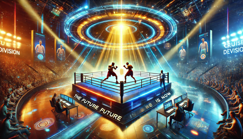 A futuristic boxing arena symbolising the bright future of the cruiserweight division. The image features two determined boxers mid-fight in a sleek, modern ring, surrounded by glowing neon lights, golden beams, and cheering crowds. Digital screens display phrases like "The Future is Now" and "Cruiserweight Glory," reflecting the division's rise and promising future.