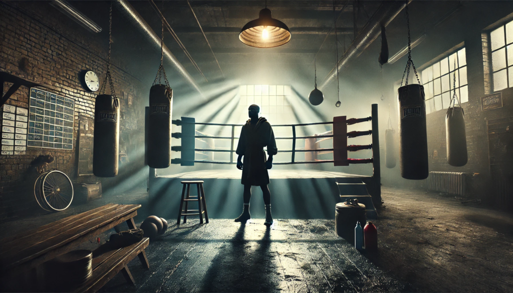 Dimly lit boxing gym with beams of light shining onto an old, rugged ring where a silhouette of Lennox Lewis stands poised, surrounded by boxing gloves, a punching bag, and training equipment, symbolising learning and discipline in boxing. The image highlights Lennox Lewis's legacy and lessons for modern fighters."