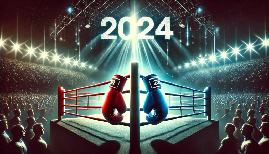 A cinematic boxing ring under bright spotlight in a packed arena, symbolising the defining moments of 2024 and the transition to boxing in 2025. Two boxing gloves, one red and one blue, hang over the corner ropes, with a digital display in the background shifting from "2024" to "2025," representing past rivalries and future prospects. The atmosphere is vibrant, with cheering crowd silhouettes and intense lighting.