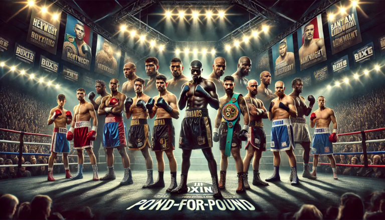 Digital artwork showcasing the top pound for pound boxers 2024 in a dramatic stadium setting, featuring 10 diverse fighters representing different weight classes under spotlights, with a cheering crowd in the background celebrating boxing excellence."