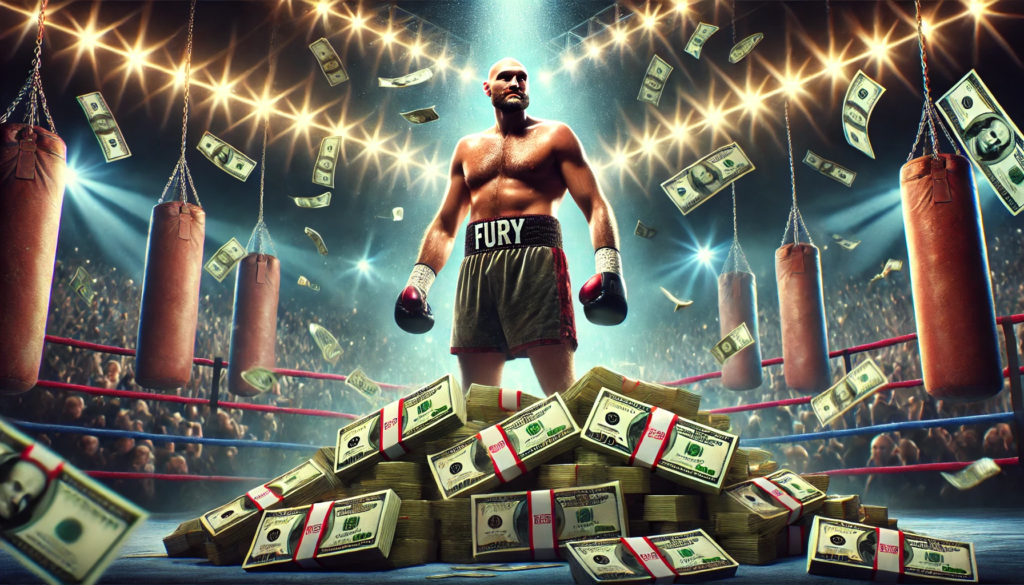 Tyson Fury standing triumphantly in a boxing ring surrounded by bundles of cash, symbolising his financial success and boxing dominance. The dramatic spotlight highlights Fury’s position, reflecting the debate around Tyson Fury’s motivation being centred on money.