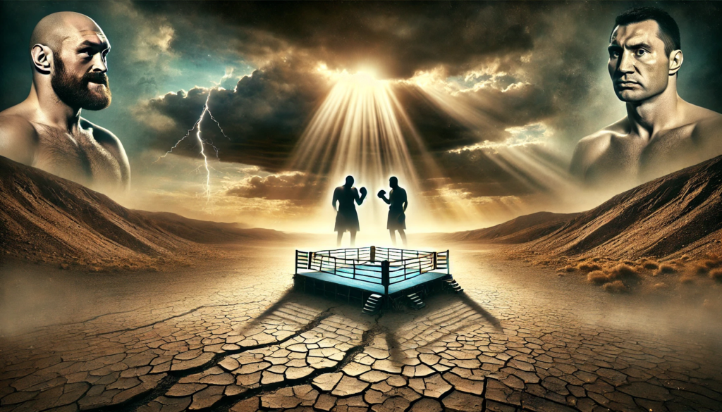 An aged boxing ring in a cracked desert under a stormy sky, symbolising the time passed since the Fury Klitschko rematch was first fought and the risks to both men’s legacies in a potential rematch