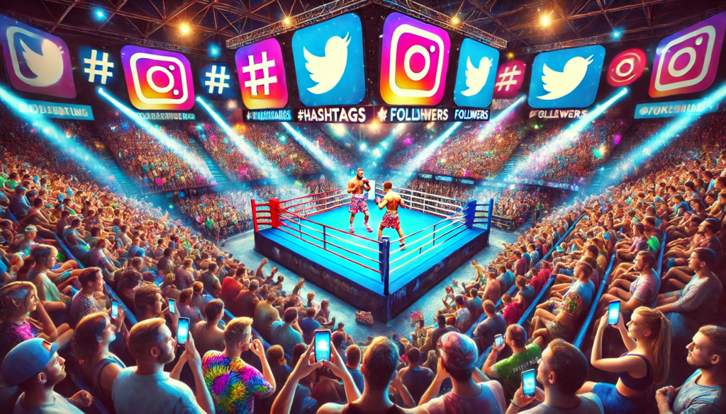 An electrifying boxing ring surrounded by a packed arena featuring social media symbols on large LED screens, highlighting the influence of celebrity boxing. In the ring, a flashy influencer resembling Jake Paul faces off against a crossover fighter like Conor McGregor, capturing the fusion of traditional boxing and entertainment. The vibrant atmosphere showcases the Conor McGregor vs Logan Paul fight era of boxing."