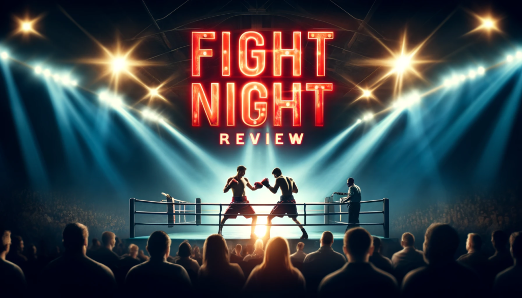 Professional boxing match scene with two fighters in action inside the ring, illuminated by dramatic arena lights. The bold red text overlay reads 'Fight Night Review,' making it perfect for a boxing review article. The vibrant setting features a dynamic crowd in the background, highlighting the intensity and excitement of the event