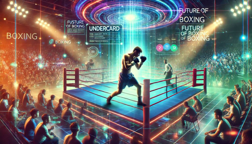 A vibrant and futuristic boxing arena during an undercard fight, featuring a young boxer delivering a powerful punch. The modern arena is illuminated with colourful LED lights, holographic fight stats projected above the ring, and glowing banners showcasing rising stars. The energetic crowd is cheering, creating an electrifying atmosphere. This image highlights the excitement and potential of boxing undercard fights in shaping the future of the sport.