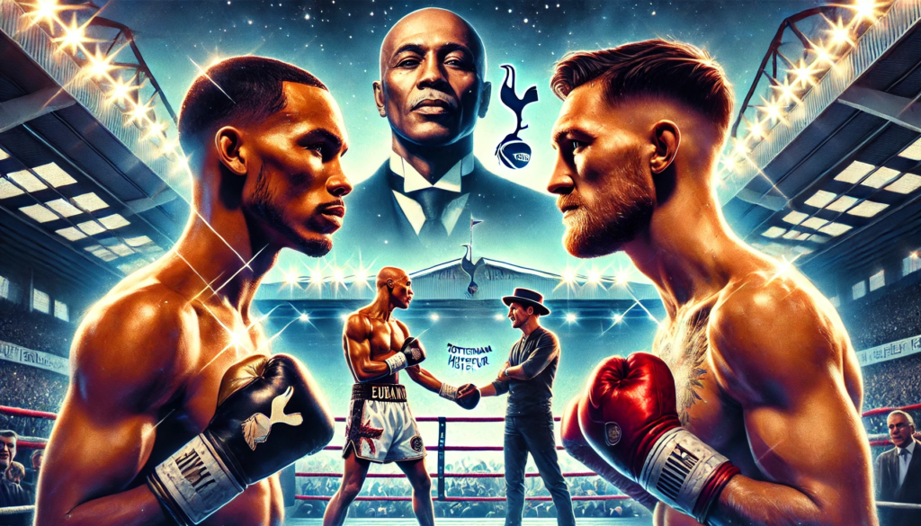 "Illustration of Chris Eubank Jr. and Conor Benn facing off in a boxing arena, with shadowy figures of Chris Eubank Sr. and Nigel Benn in the background, symbolising the family legacy and the intense rivalry leading up to the Eubank Benn fight 2025."