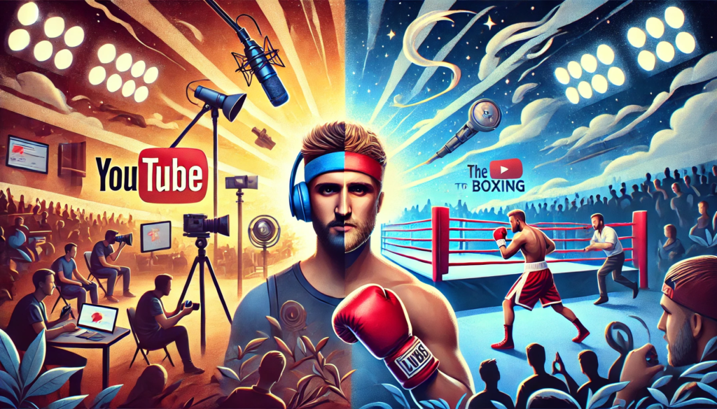 Illustration showing Jake Paul's transition from YouTube to the boxing ring, featuring a vibrant YouTube setup with streaming equipment on one side and a dynamic boxing ring scene on the other, symbolising Jake Paul’s boxing impact."