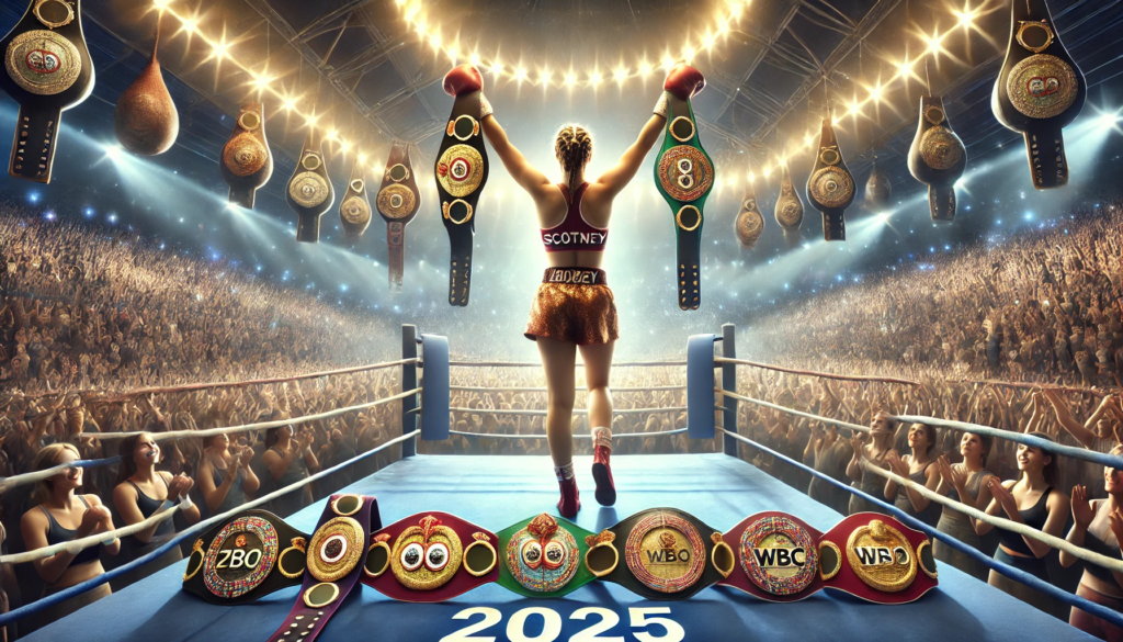 Ellie Scotney celebrates becoming the undisputed super-bantamweight champion in 2025, standing in the boxing ring with all four championship belts (IBF, IBO, WBO, WBC) held high, surrounded by a cheering crowd in a brightly lit arena