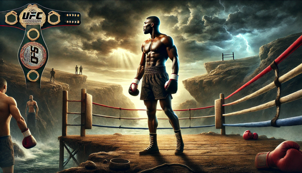 Francis Ngannou standing confidently in a rugged boxing ring under stormy skies, symbolizing his rocky start in boxing, with hope for success in 2025."