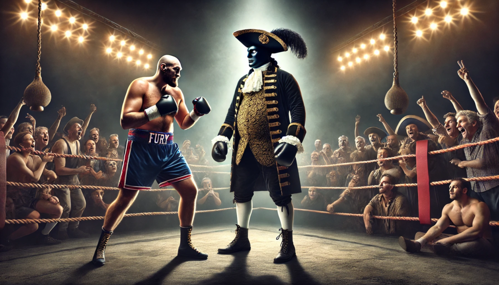 Tyson Fury boxing against the historical figure Dick Turpin, who is wearing a black mask, in a dramatic and fictional setting. The image depicts Fury in modern boxing gear and Turpin in 18th-century attire, set in a vibrant boxing ring surrounded by a roaring crowd. The scene creatively highlights the clash of eras and incorporates Tyson Fury’s legacy as a heavyweight boxer."