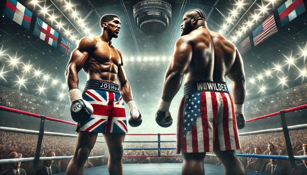 Illustration of Anthony Joshua and Deontay Wilder facing off in a boxing ring, symbolising the potential overhype of their anticipated heavyweight matchup."