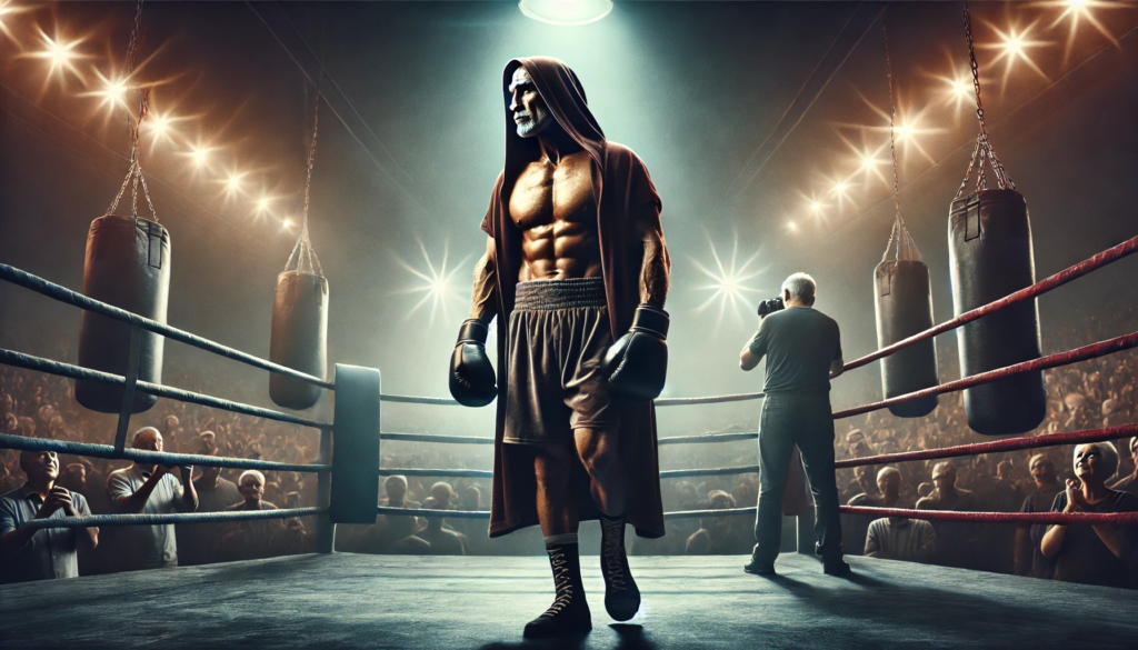 An older boxer with a muscular yet aged physique, wearing worn boxing gloves and a partially draped hooded robe, stepping toward the ring ropes in a dimly lit boxing arena. The spotlight highlights his determined and reflective expression, with a shadowy crowd in the background, evoking the anticipation and nostalgia of a comeback. Perfectly capturing the essence of a Mike Tyson comeback."