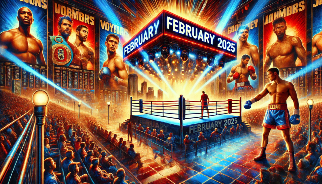 Landscape image showcasing a vibrant boxing ring under dramatic spotlights, surrounded by posters of upcoming February 2025 fights and a bustling crowd, capturing the excitement of the packed February 2025 boxing schedule."