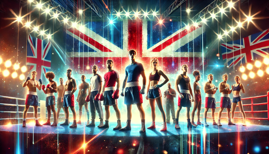 "Dynamic depiction of rising British boxing stars in a brightly lit boxing ring with the Union Jack in the background, symbolising the bright future of UK boxing. Diverse young male and female boxers stand confidently, representing the next generation of future UK boxing stars."