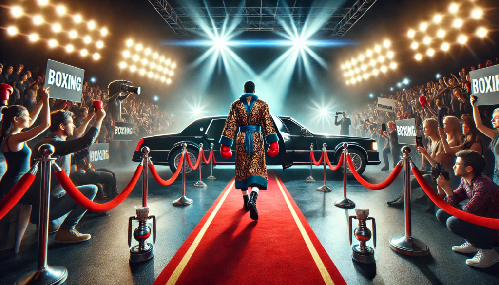 Celebrity stepping out of a luxurious limousine onto a red carpet leading into a brightly lit boxing ring, surrounded by an energetic crowd in a vibrant arena, symbolising the glitz and spectacle of Misfits Boxing.