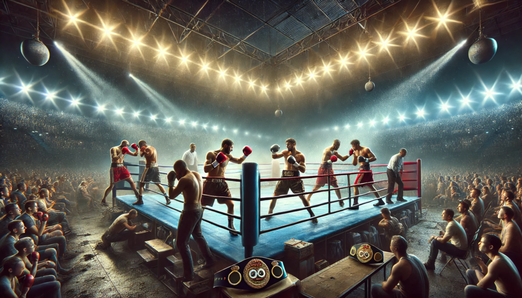 Realistic depiction of lightweight boxers competing in a boxing ring under bright stadium lights, showcasing intense action, with punches thrown, defensive movements, and a vibrant crowd in the background. The image highlights the competitive spirit and supremacy within the lightweight division in 2025