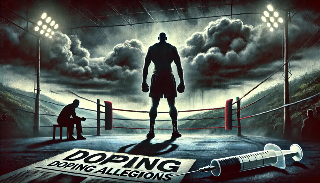 Illustration of Tyson Fury in a boxing ring under stormy clouds, symbolizing the doping scandal and controversy surrounding his team