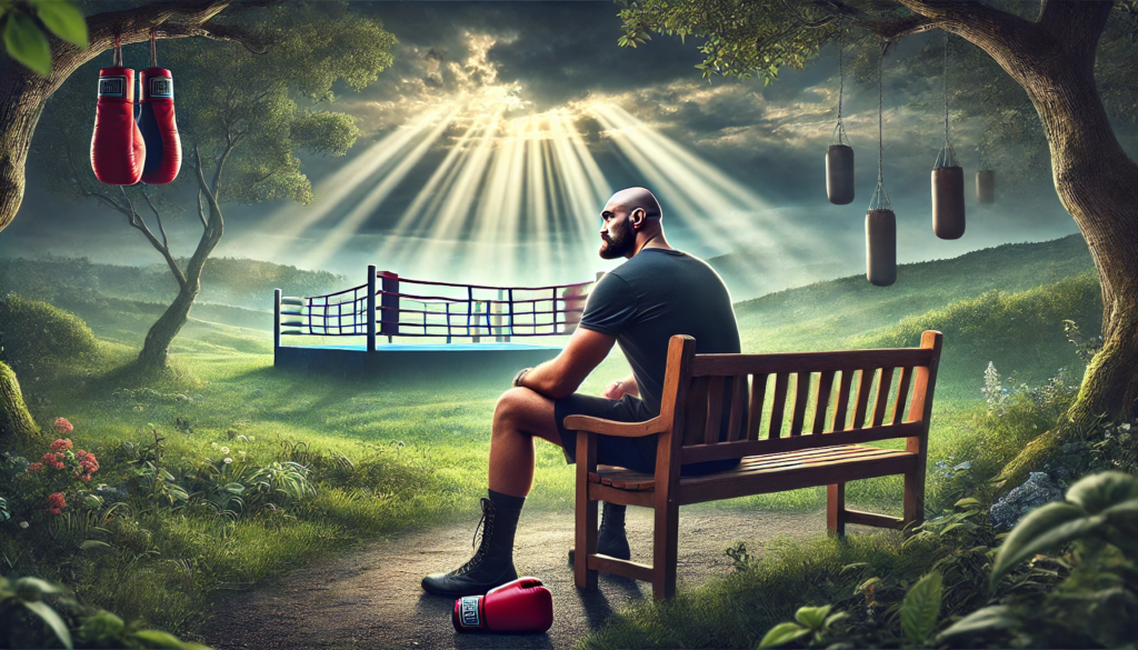 Tyson Fury sitting on a bench in a park during retirement, gazing at a distant boxing ring, symbolizing the pull to return. Keyword: Tyson Fury retirement."