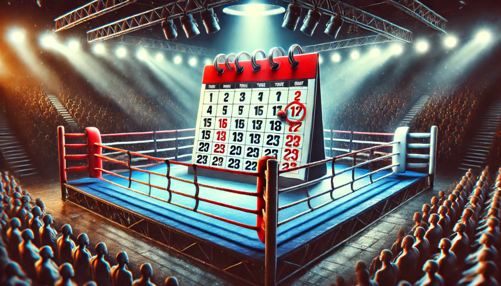 Illustration of a boxing ring featuring a calendar at the center with multiple dates circled, symbolising key upcoming boxing matches in 2025, with dramatic lighting and a faint crowd in the background."