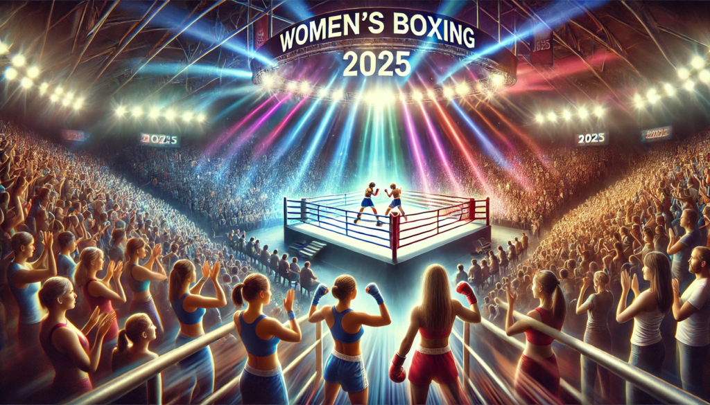 Dynamic scene showcasing the rise in popularity of women’s boxing in 2025, featuring two female boxers mid-fight in a brightly lit boxing ring surrounded by a cheering crowd in a packed stadium, with banners celebrating women’s boxing."