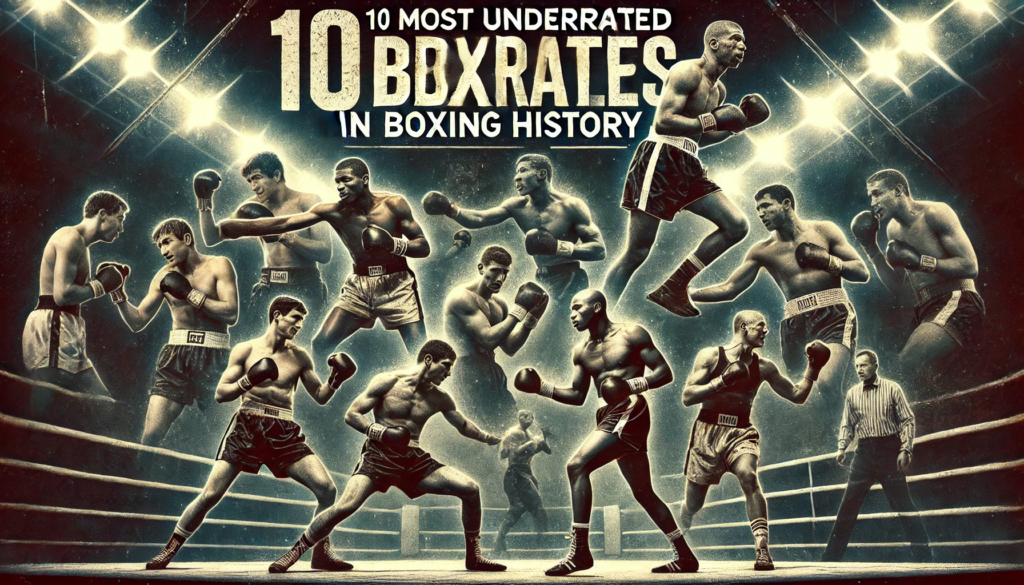 "Collage-style digital artwork depicting ten of the most underrated boxers in boxing history, each shown in action poses inside a moody, dramatic boxing ring setting. The image features vintage aesthetics, bold typography, and intense lighting to highlight the spirit of these overlooked boxing legends."