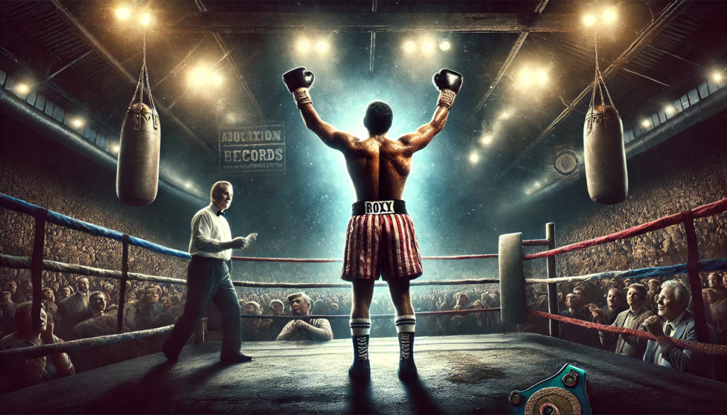 A legendary boxer stands victorious in the ring, arms raised under bright arena lights, symbolising resilience, skill, and legacy. The background features a roaring crowd, a championship belt hanging on the ropes, and a faded mural of boxing legends, representing the sport's rich history. This image captures the greatest boxing attributes beyond just titles and records."