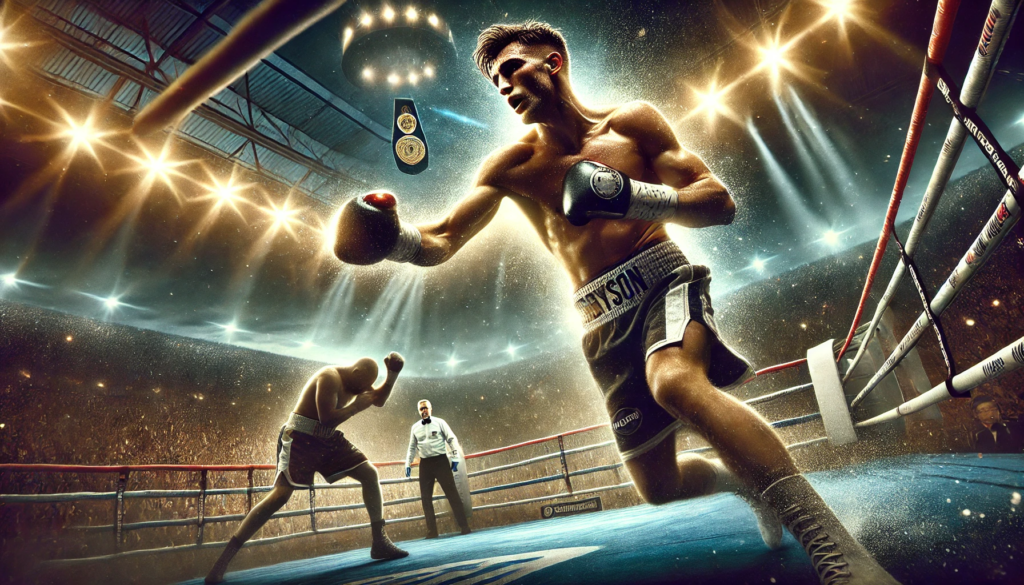 Callum Simpson boxing career depicted in a dynamic action shot, showcasing his meteoric rise in the super-middleweight division. The image features Simpson mid-fight, delivering a powerful punch with a roaring crowd and stadium lights in the background, symbolizing his journey toward a world title."