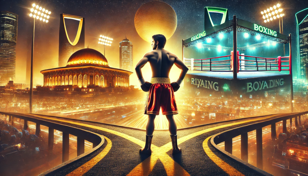 A dramatic digital painting of a boxer standing at a crossroads, symbolizing Canelo Alvarez’s decision to choose legacy over spectacle. One path leads to a grand, golden-lit arena in Riyadh, representing his four-fight deal with Riyadh Season, while the other path leads to a flashy boxing ring with neon lights, symbolizing the cancelled fight with Jake Paul. The boxer, wearing red and gold trunks, confidently faces the prestigious arena, illustrating the Canelo Alvarez Jake Paul fight cancellation and the shift towards professional boxing over hype-driven matchups.