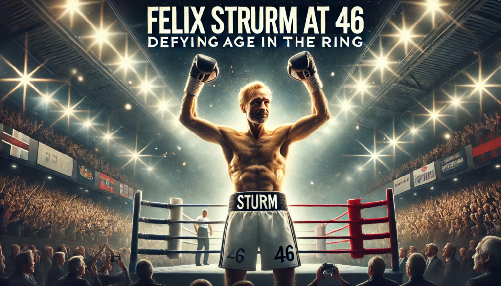 Felix Sturm comeback fight at 46, standing triumphantly in a boxing ring with fists raised in victory, illuminated by bright stadium lights with a cheering crowd in the background, symbolising resilience and defying age in boxing."