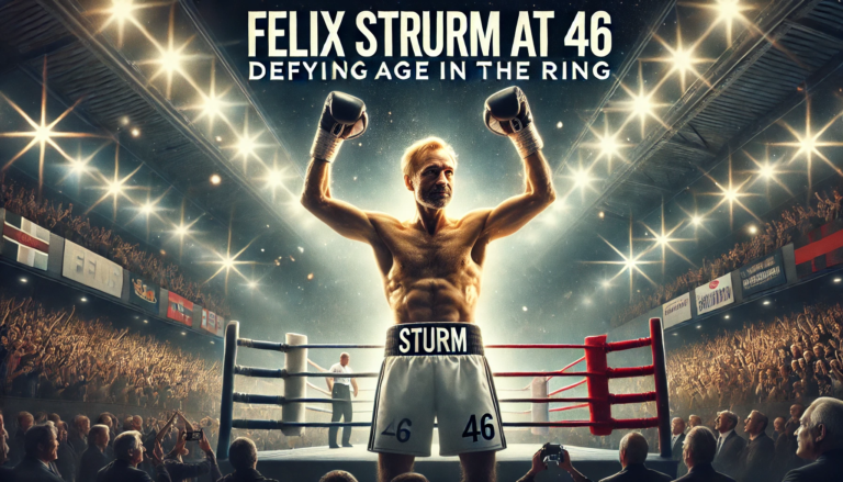 Felix Sturm comeback fight at 46, standing triumphantly in a boxing ring with fists raised in victory, illuminated by bright stadium lights with a cheering crowd in the background, symbolising resilience and defying age in boxing."