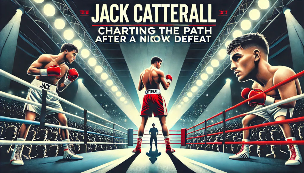 Illustration of a boxing ring under bright spotlights with Jack Catterall in red boxing gloves and shorts, facing an opponent, with a cheering crowd in the background and the text 'Jack Catterall's Next Fight: Charting the Path After a Narrow Defeat' displayed, highlighting Catterall's next fight journey."