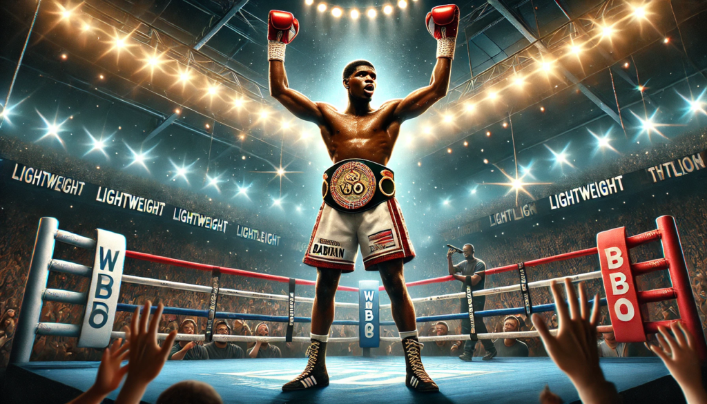 : Keyshawn Davis celebrating his WBO lightweight title victory in a boxing ring with gloves raised, championship belt around his waist, and a cheering crowd in the background.