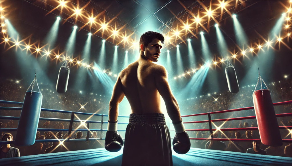 Mauricio Lara standing in the center of a brightly lit boxing ring, looking determined and ready for his crucial fight against Edwing Dávila. The dark background features a roaring crowd, emphasizing the high-stakes atmosphere of this Mauricio Lara vs. Edwing Dávila showdown. The intensity of the moment is captured with motion blur on Lara’s gloves, highlighting the significance of this bout for his career.