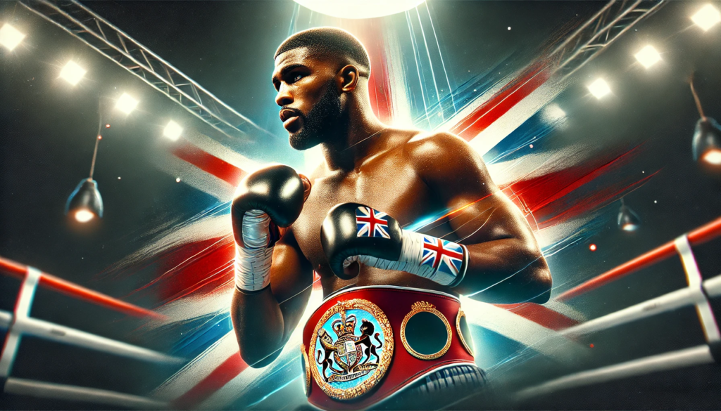 A dynamic digital artwork featuring Moses Itauma in a boxing ring, wearing his gloves and championship belt, with a determined expression. A spotlight effect highlights his emergence as a top prospect, with the UK flag subtly blended into the background. The text "Rising Star Spotlight: Moses Itauma – The UK's Next Heavyweight Sensation" is elegantly incorporated, making the image ideal for a featured blog post. This visually represents Moses Itauma’s boxing career and his rising status in the heavyweight division.