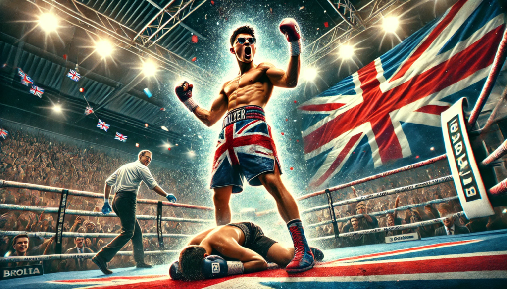 British boxer William Crolla celebrating his first-round knockout victory in a boxing ring, raising his gloved fists with cheering fans and the British flag in the background, highlighting his rising boxing career."