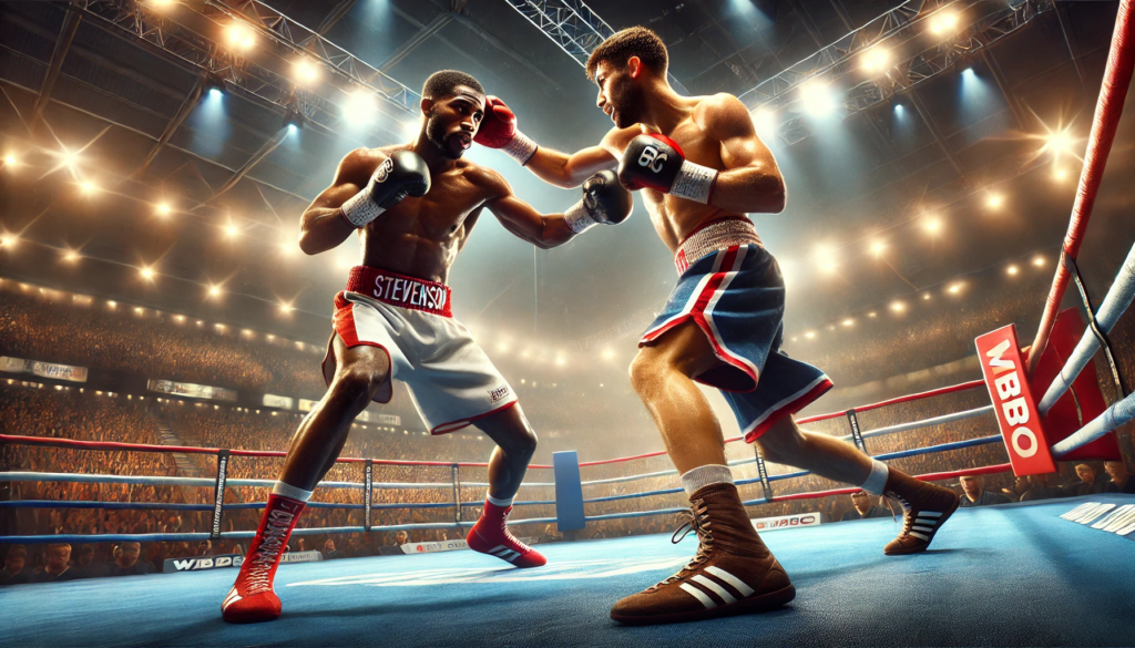 A high-intensity boxing match between Shakur Stevenson and Josh Padley, depicting their last-minute WBC lightweight title fight. Stevenson is shown in his signature defensive stance, evading a punch, while Padley, the British underdog, aggressively presses forward. The packed stadium and bright arena lights add to the electrifying atmosphere of this unexpected showdown. Shakur Stevenson vs. Josh Padley fight preview.