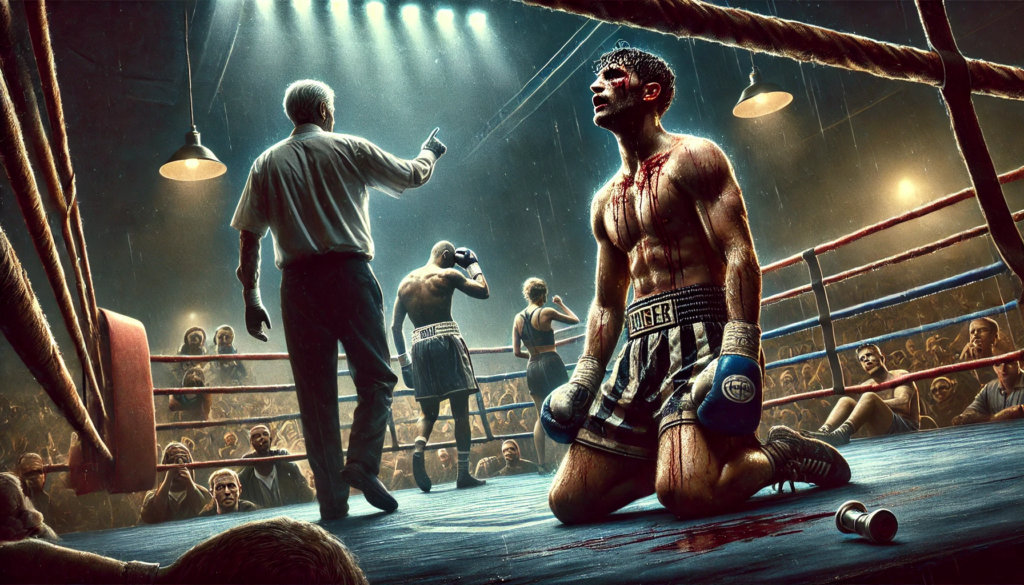 A dramatic boxing scene in a dimly lit arena, depicting two exhausted fighters in the final moments of a brutal match. One fighter is barely standing, with sweat and blood visible on his face, while the referee watches closely, considering stopping the fight. The tense crowd in the background shows mixed reactions, highlighting the dangers of prolonged bouts. Bold text overlay reads: "Should Boxing Bring Back 15-Round Fights? Why It’s a Bad Idea." This image emphasizes the risks associated with the WBA 15-round fight proposal. WBA 15-round proposal