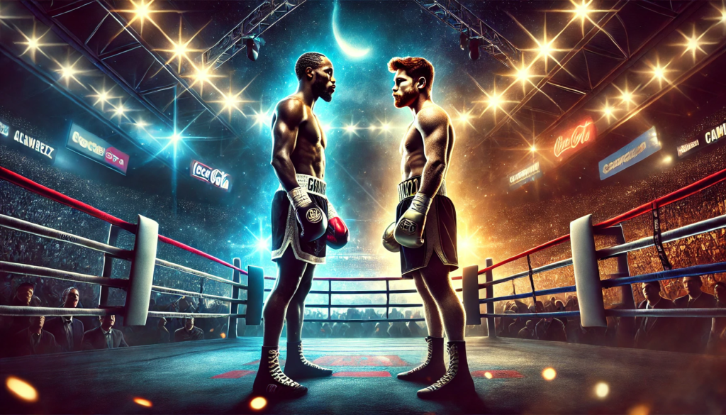 Terence Crawford vs. Canelo Alvarez potential fight depicted in a dramatic digital painting, showing both fighters facing off in a boxing ring with intense lighting, a packed arena, and an electric atmosphere highlighting the anticipation of the bout."