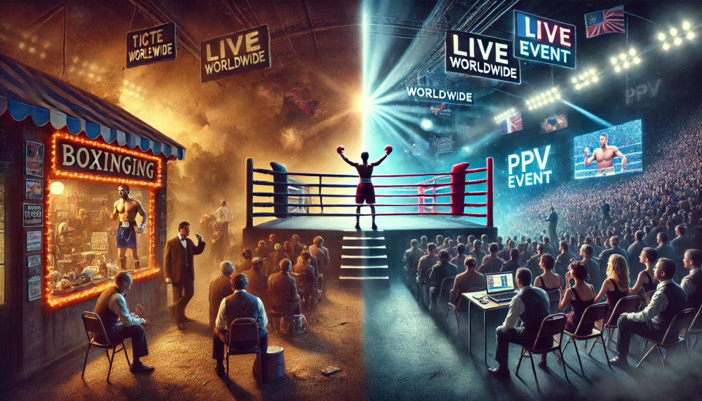 A dynamic split-screen image depicting the evolution of boxing promotions. On the left, a vintage boxing ring in a smoky, dimly lit small venue with an old-school announcer and a classic-dressed crowd. On the right, a modern boxing arena with bright LED screens, a packed international audience, and digital banners displaying 'LIVE WORLDWIDE' and 'PPV EVENT'. In the center, a boxer stands with one foot in the past and one in the future, symbolizing the transition from traditional boxing events to global spectacles.