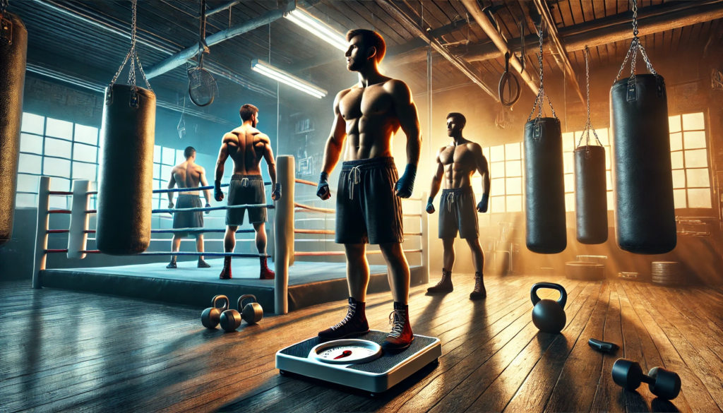 Illustration of a boxer standing on a scale in a professional boxing gym, with two versions of himself in the background—one bulked up for a higher weight class and the other leaner for a lower weight class. This image represents the challenges of boxers changing weight classes and adapting their performance in different divisions."