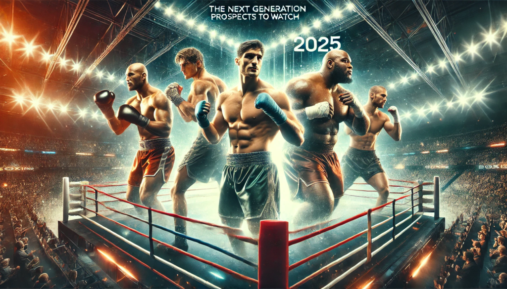 A high-energy digital painting of the future heavyweight boxing champions 2025, featuring four rising boxing prospects in a futuristic ring. One boxer is delivering a knockout punch, another is raising his fists in victory, while the other two are preparing for action. The background showcases a roaring crowd under bright stadium lights, emphasizing the next generation of heavyweight kings.