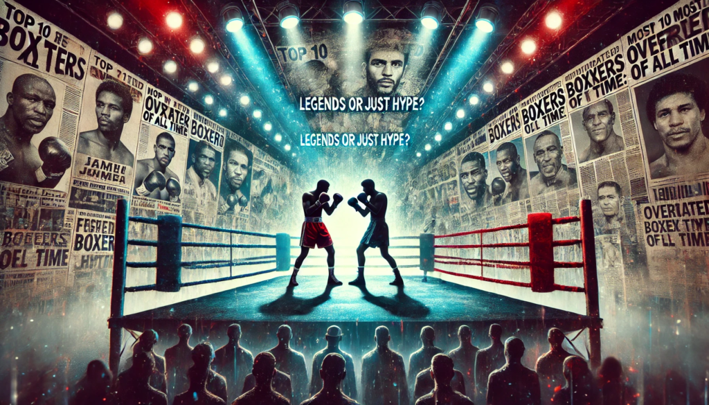 A dramatic boxing ring under bright spotlights with two silhouetted boxers facing off, surrounded by an abstract collage of newspaper headlines and boxing gloves. The background features faded images of famous boxers with question marks over their faces, symbolizing the debate about the most overrated boxers of all time."