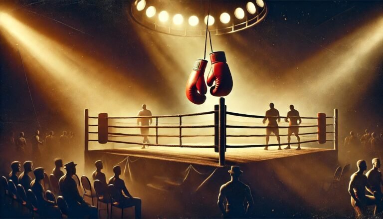 A nostalgic boxing ring scene with red gloves hanging on the ropes under dramatic lighting, symbolising iconic moments in boxing history — perfect for a blog post about George Foreman best moments.