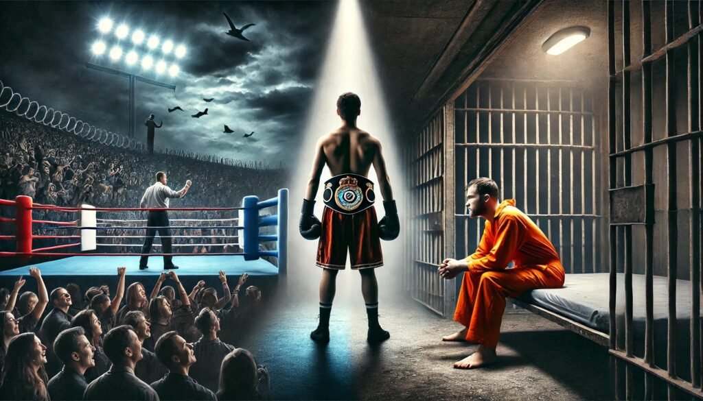 Dramatic split-image depicting the Felix Verdejo boxing story, showing a prizefighter in a boxing ring on one side and the same man in a prison cell on the other, symbolising the fall from boxing success to criminal conviction