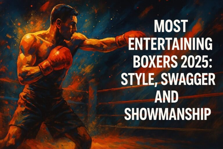 A dynamic landscape digital illustration featuring a boxer mid-punch inside a dramatic boxing ring, with bold text reading "Most Entertaining Boxers 2025: Style, Swagger, and Showmanship." The image captures the energy, flair, and visual excitement associated with the most entertaining boxers 2025.