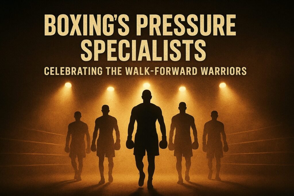 A promotional digital graphic titled “Boxing’s Pressure Specialists: Celebrating the Walk-Forward Warriors,” featuring five silhouetted boxers walking through a dimly lit arena under dramatic spotlights. The image conveys strength, determination, and intensity, visually representing the theme of pressure fighters in boxing.