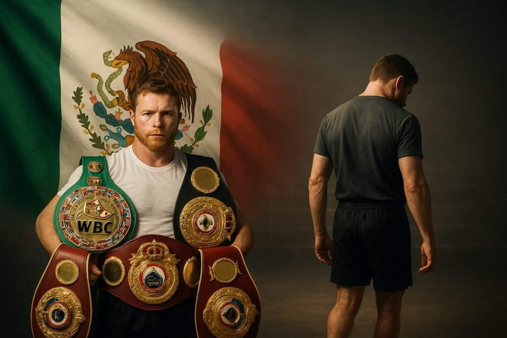 A symbolic depiction of Canelo Alvarez retirement — a proud Mexican boxer stands in front of the Mexican flag holding multiple championship belts, while a shadowed figure of the same man walks away into darkness, representing the end of a legendary boxing career.